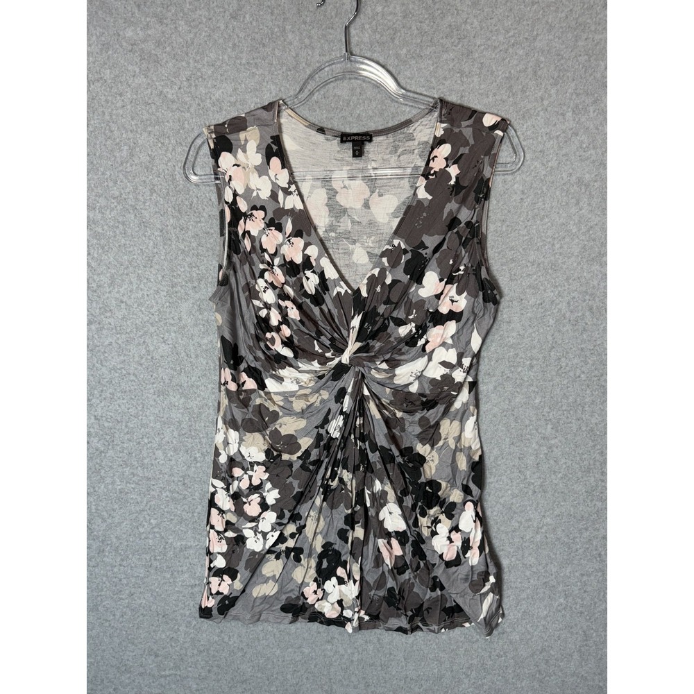 Express Top Womens Medium Floral Ruched Sleeveless Shirt Blouse Gathered Casual